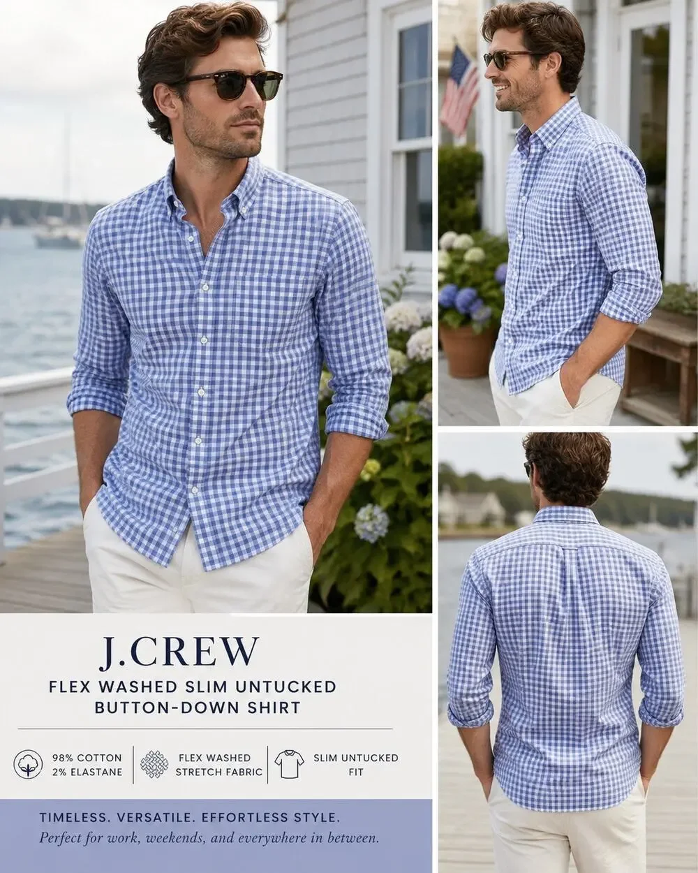 J.Crew Flex Washed Slim Untucked Button-Down Shirt  Periwinkle Gingham Preppy S